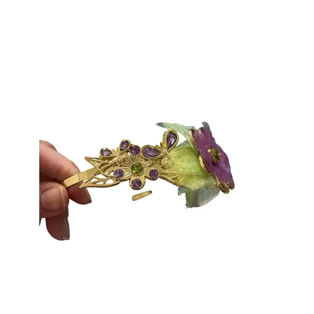 Disney Tinkerbell Headband Purple Green Ribbon Streamers Gold Tone Band